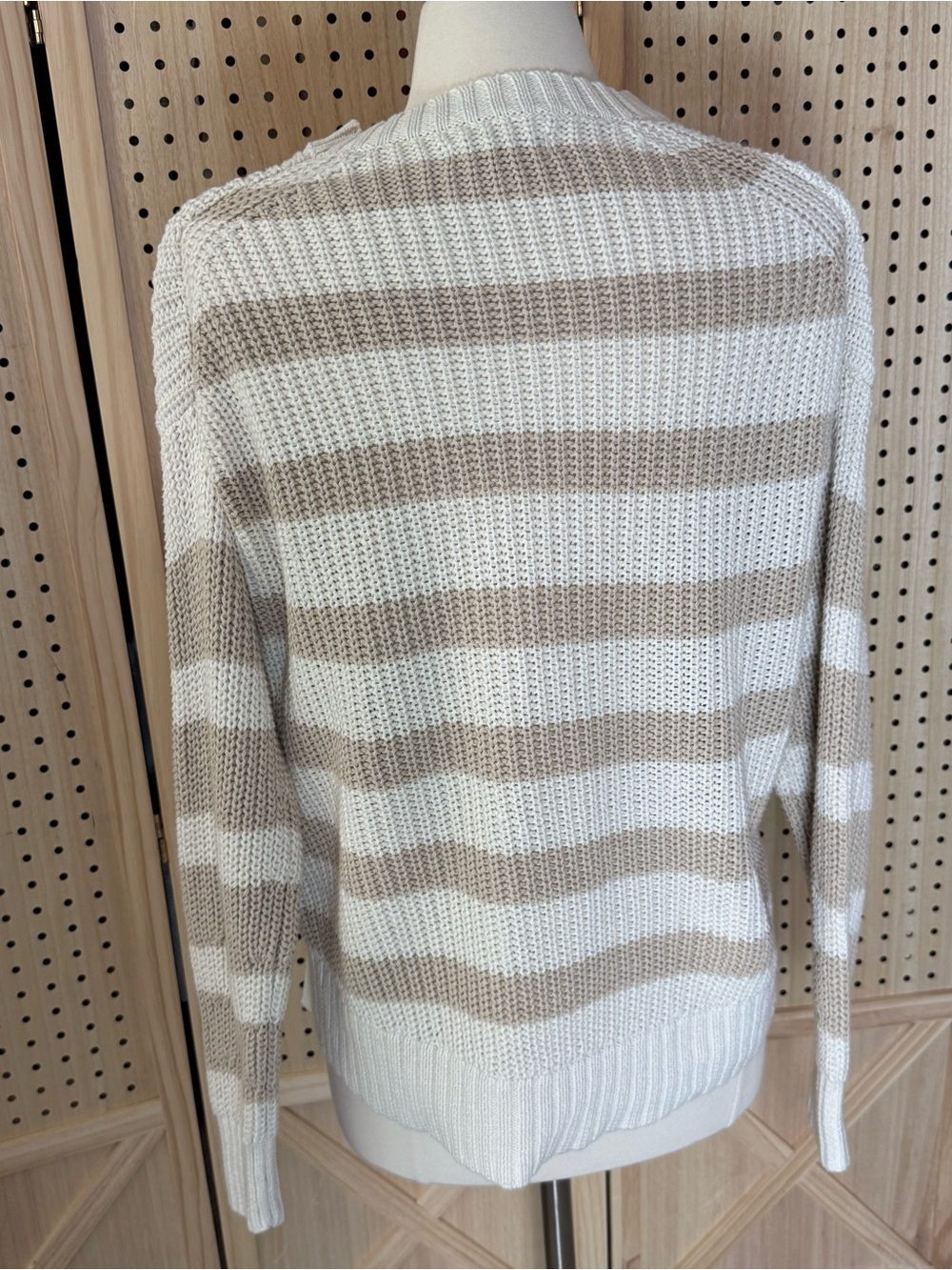American Eagle XS Cream Beige Striped Open Knit Cotton Sweater Coastal Neutral - Picture 4 of 11